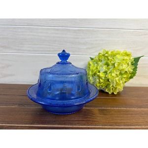 Vintage Pressed Cobalt Glass Butter Dish / Cheese Dome